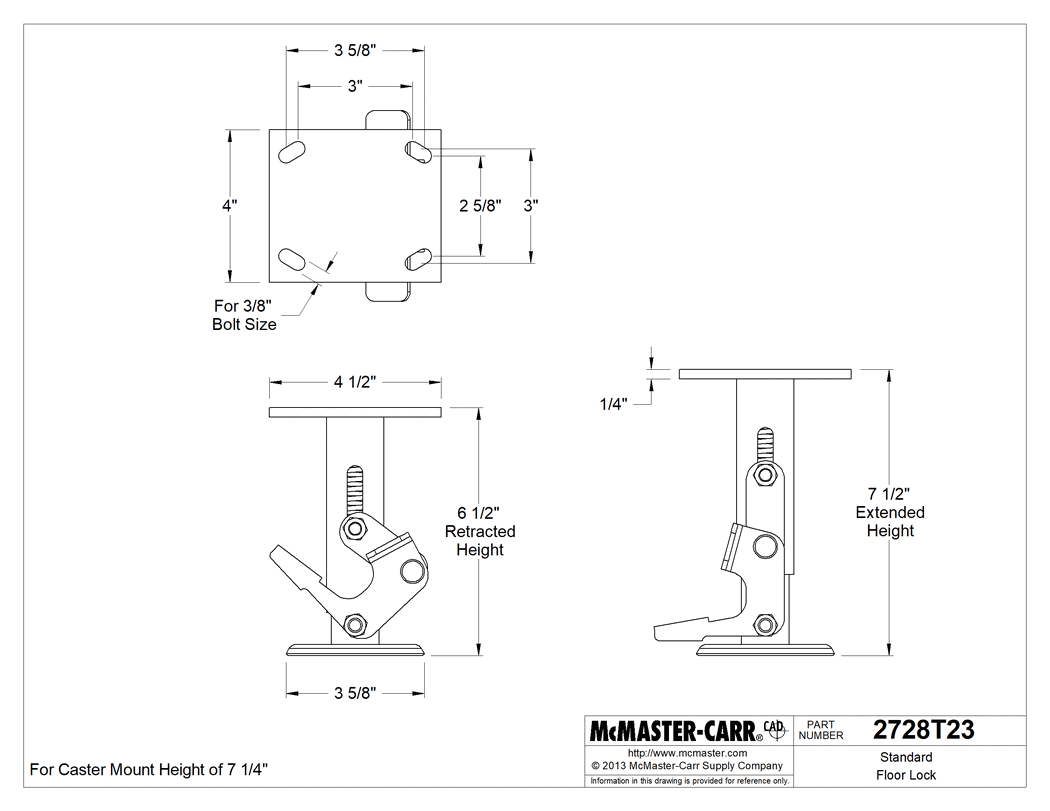 Technical Drawing of Zinc-Plated Steel Floor Lock with Pedal on Both Sides, 7-1/2" Extended and 6-1/2" Retracted Height.